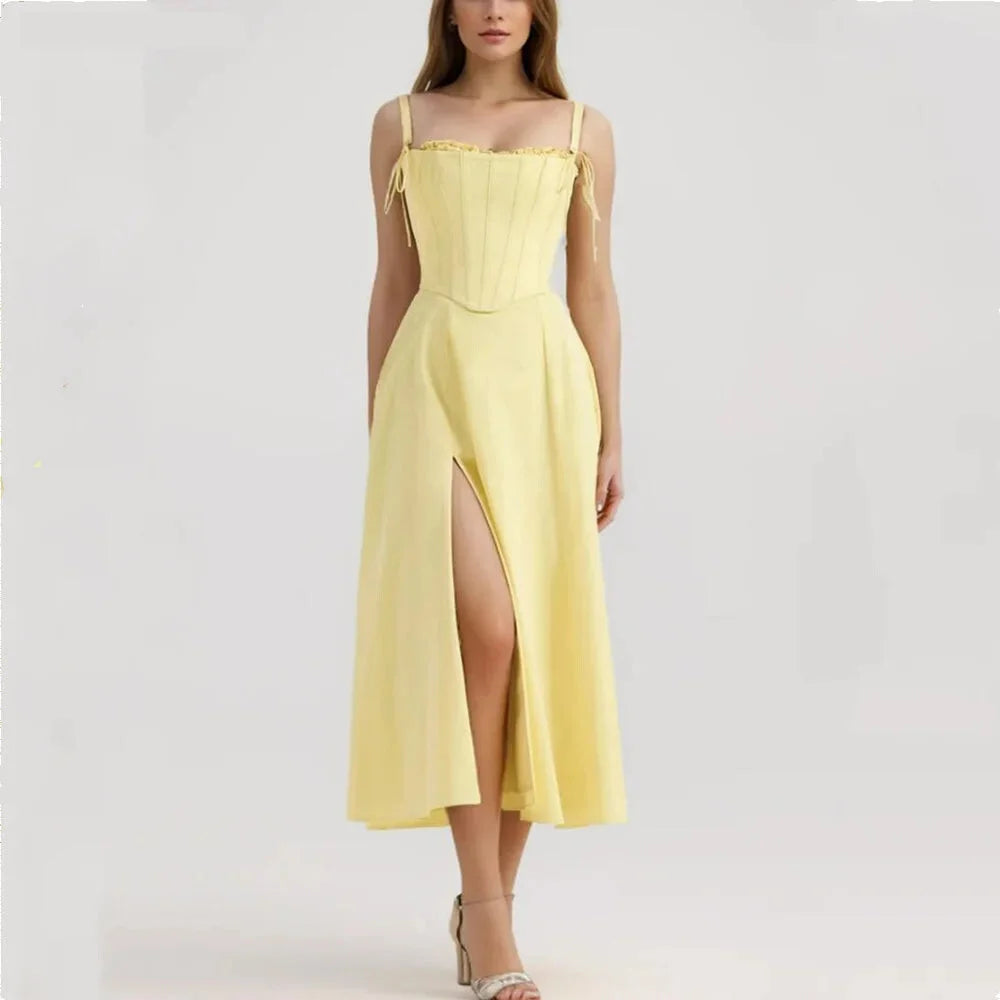 2 Piece Set Dresses - Yellow High Slit Two-Piece Dress - Perfect for Brunch & Vacations