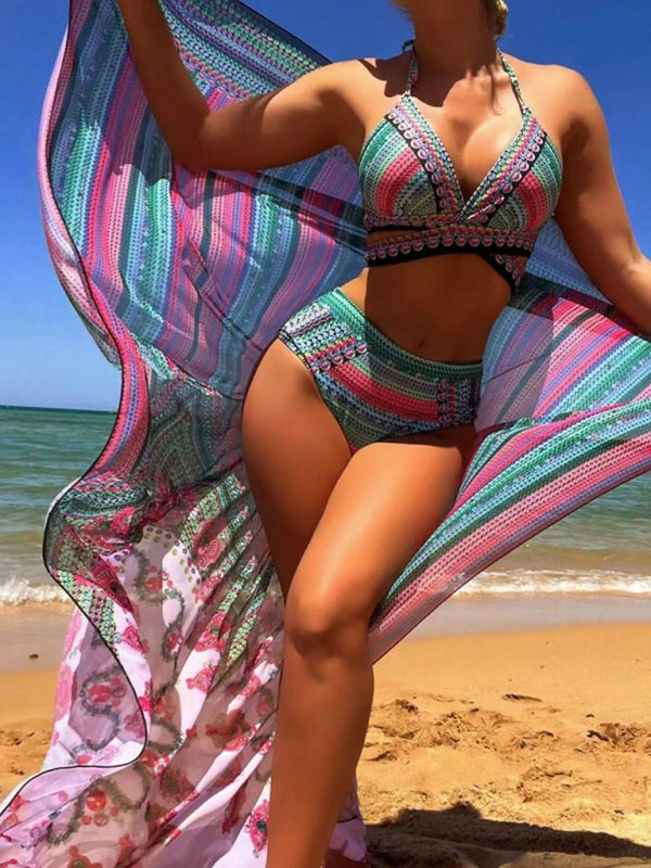 3-Piece Bikini- Geo Print 3 Piece Swimsuit - Criss-Cross Top & High-Waist Bikini & Cover-Up- - Pekosa Women Fashion