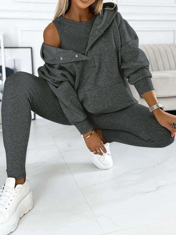 3 Piece Matching Set Outfit - Athleisure 3 Piece Matching Set - Slim-fit Tank, Pants & Hoodie