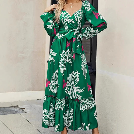 A-Line Dresses - Women's Clothing Fashion Vacation V-neck Backless Print Dress