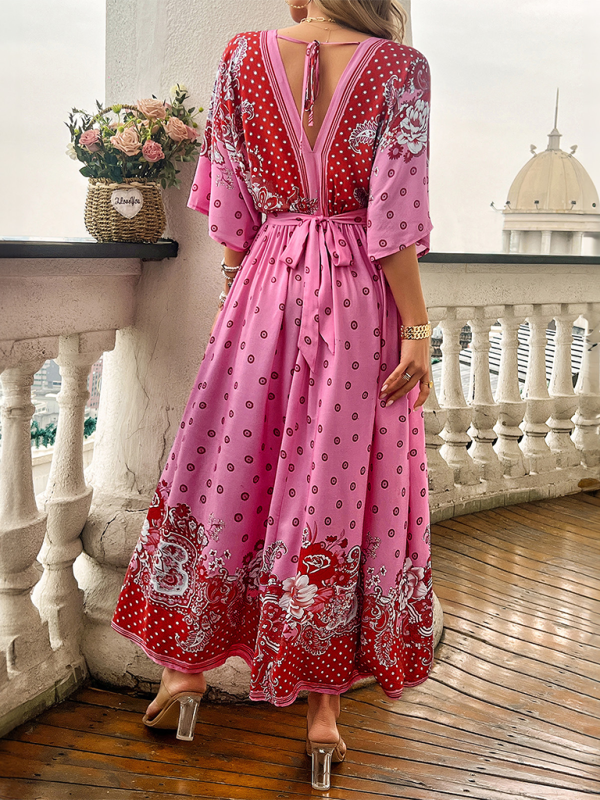 A-Line Dresses- Boho Roses Print A-Line Dress with Flowy Kimono Sleeves & Bowknot Back- - Pekosa Women Fashion