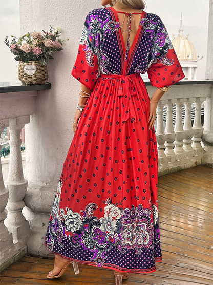 A-Line Dresses- Boho Roses Print A-Line Dress with Flowy Kimono Sleeves & Bowknot Back- - Pekosa Women Fashion