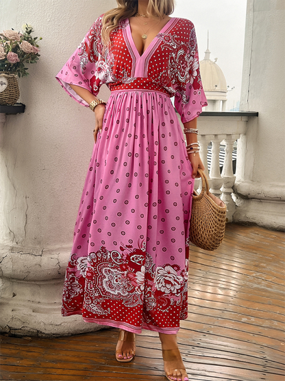 A-Line Dresses- Boho Roses Print A-Line Dress with Flowy Kimono Sleeves & Bowknot Back- - Pekosa Women Fashion