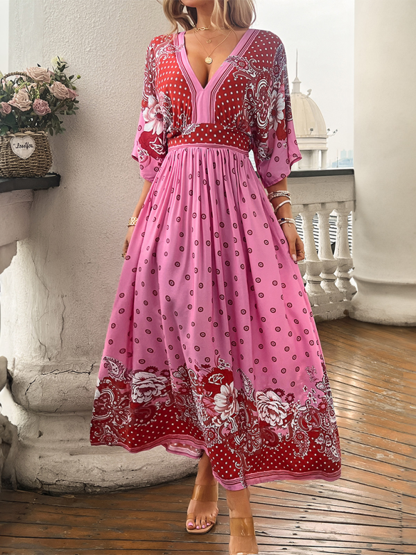 A-Line Dresses- Boho Roses Print A-Line Dress with Flowy Kimono Sleeves & Bowknot Back- - Pekosa Women Fashion