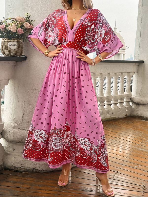 A-Line Dresses- Boho Roses Print A-Line Dress with Flowy Kimono Sleeves & Bowknot Back- Pink- Pekosa Women Fashion