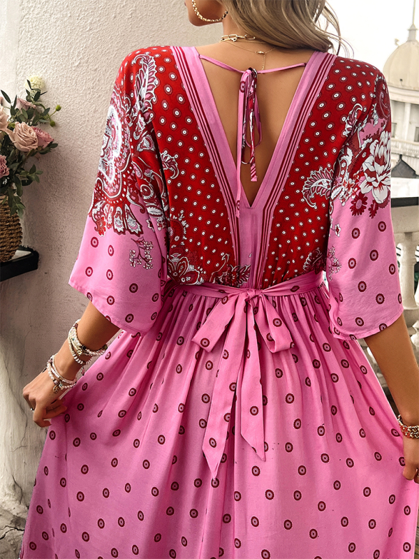 A-Line Dresses- Boho Roses Print A-Line Dress with Flowy Kimono Sleeves & Bowknot Back- - Pekosa Women Fashion