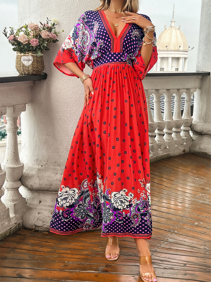 A-Line Dresses- Boho Roses Print A-Line Dress with Flowy Kimono Sleeves & Bowknot Back- - Pekosa Women Fashion