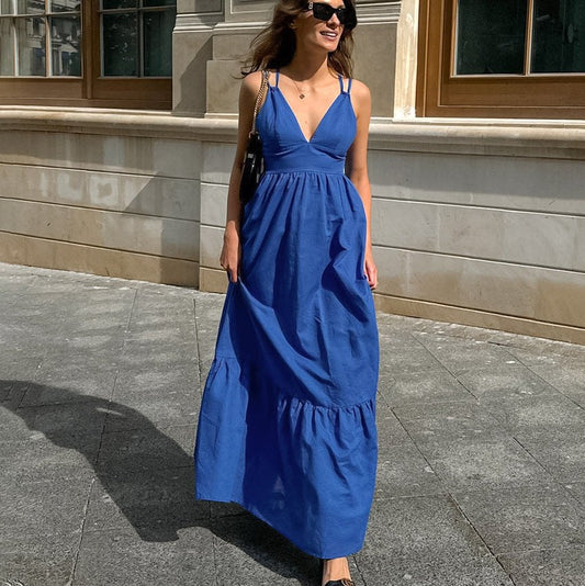 A-Line Dresses - Blue Backless Maxi Dress with Ruffle Hem