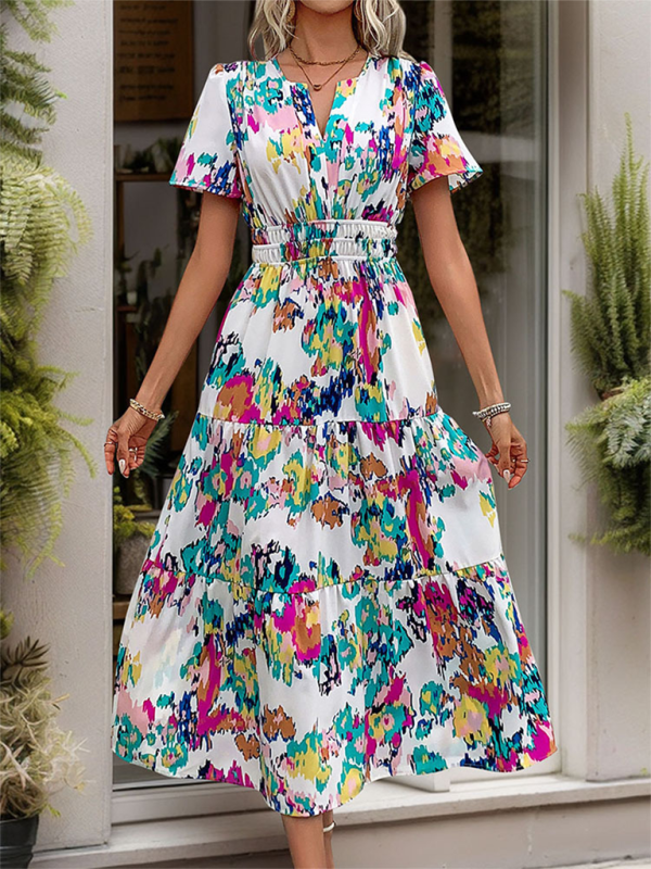 A-Line Dresses- Summer Garden Floral Tiered Midi Dress for Picnics- - Pekosa Women Fashion