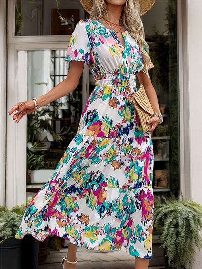 A-Line Dresses- Summer Garden Floral Tiered Midi Dress for Picnics- - Pekosa Women Fashion