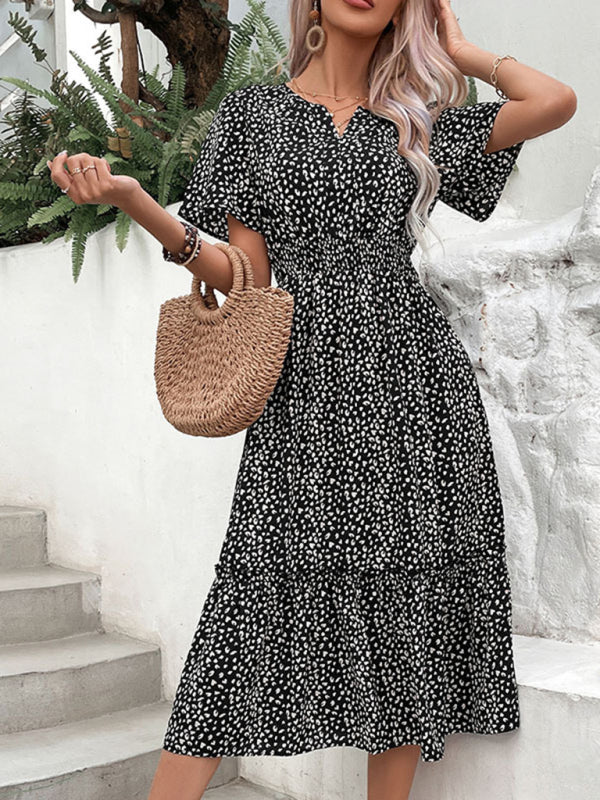 A-Line Dresses- Floral Smocked Waistband A-Line Midi Dress for Women- Black- Pekosa Women Fashion