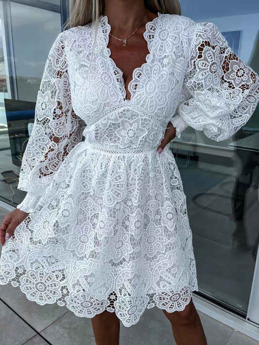 A-Line Dresses - Lace Cocktail Dress with Lantern Sleeves