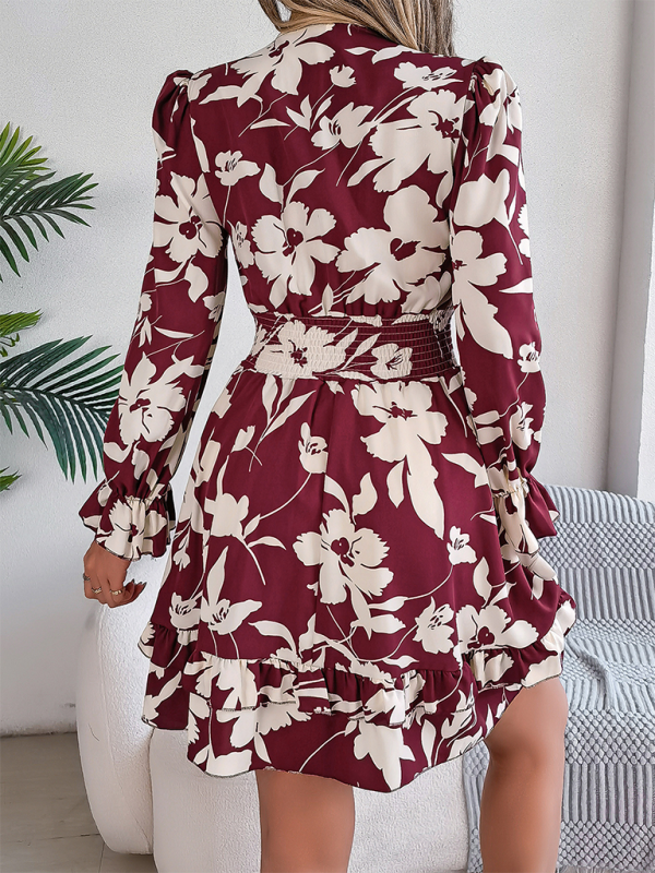 A-line Dress- A-Line Floral Dress with Plunging V-Neck and Long Sleeves