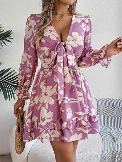 A-line Dress- A-Line Floral Dress with Plunging V-Neck and Long Sleeves