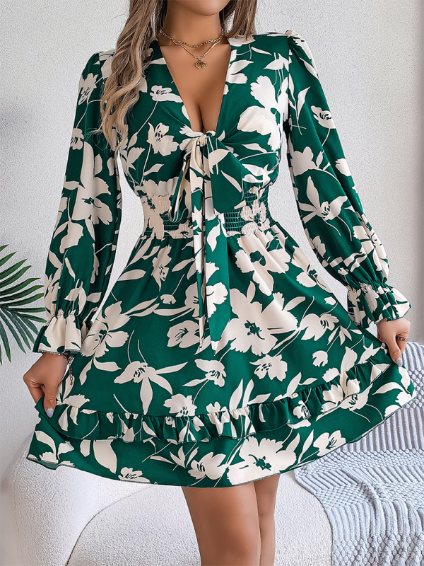 A-line Dress- A-Line Floral Dress with Plunging V-Neck and Long Sleeves