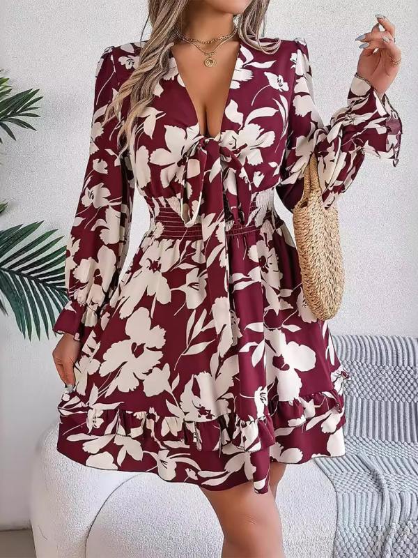 A-line Dress- A-Line Floral Dress with Plunging V-Neck and Long Sleeves