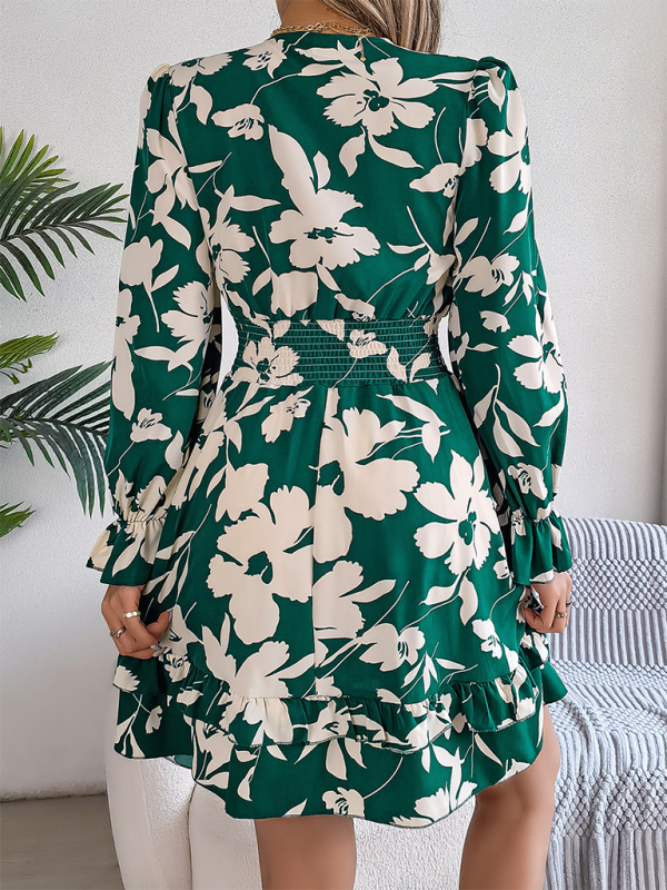 A-line Dress- A-Line Floral Dress with Plunging V-Neck and Long Sleeves