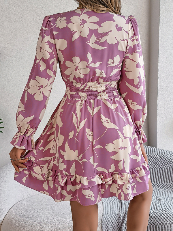 A-line Dress- A-Line Floral Dress with Plunging V-Neck and Long Sleeves