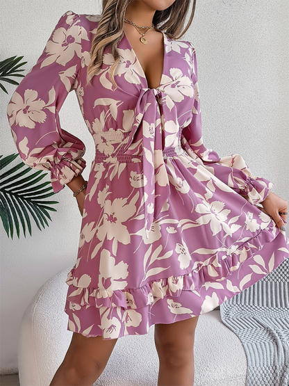 A-line Dress- A-Line Floral Dress with Plunging V-Neck and Long Sleeves