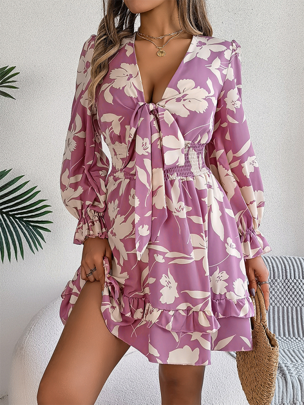 A-line Dress- A-Line Floral Dress with Plunging V-Neck and Long Sleeves