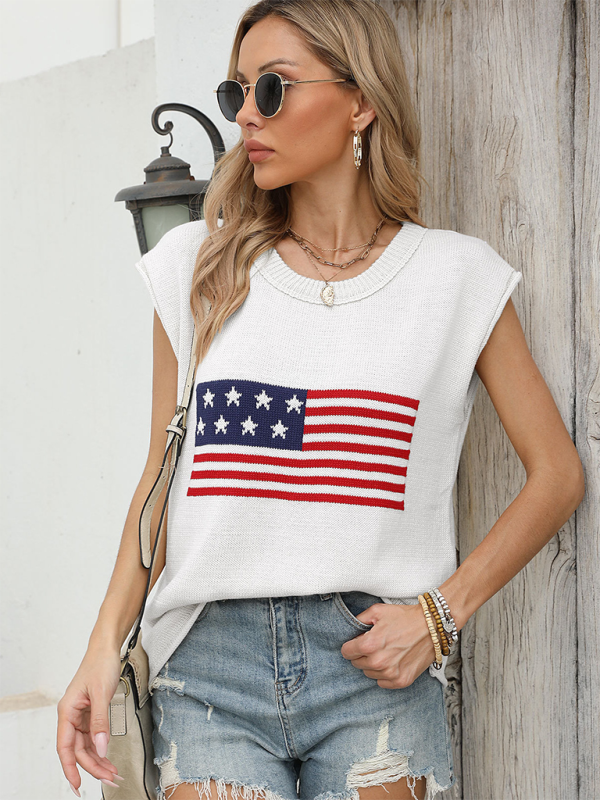 American Sweaters- Women's Sleeveless Knit Top with Patriotic Theme- White- Pekosa Women Fashion