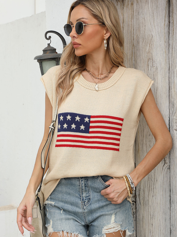American Sweaters- Women's Sleeveless Knit Top with Patriotic Theme- Cracker khaki- Pekosa Women Fashion