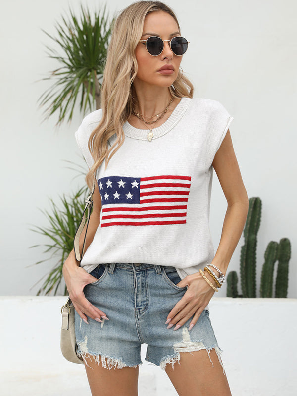 American Sweaters- Women's Sleeveless Knit Top with Patriotic Theme- - Pekosa Women Fashion