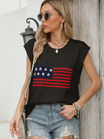 American Sweaters- Women's Sleeveless Knit Top with Patriotic Theme- Black- Pekosa Women Fashion