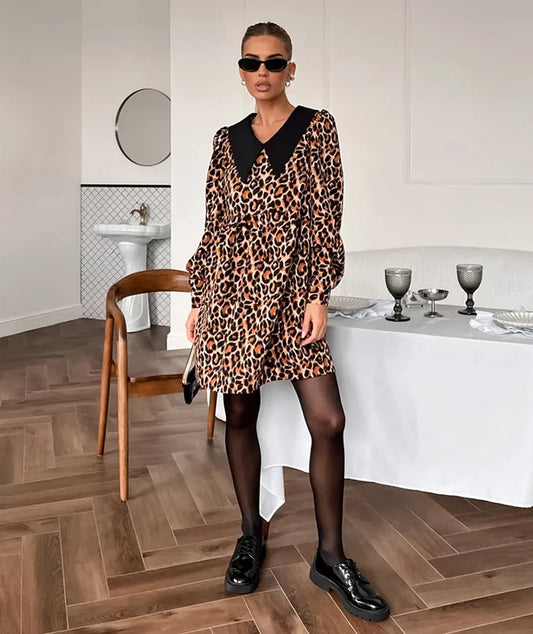 Animal Print Dresses - Leopard Print Peter Pan Dress