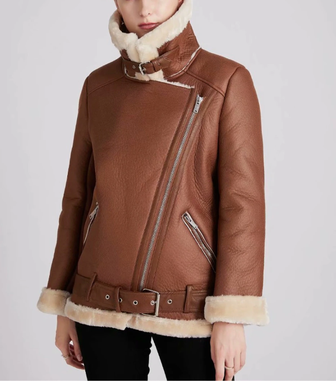 Aviator Jackets- Faux Sheep Leather Fur Winter Flight Jacket- - Pekosa Women Clothing