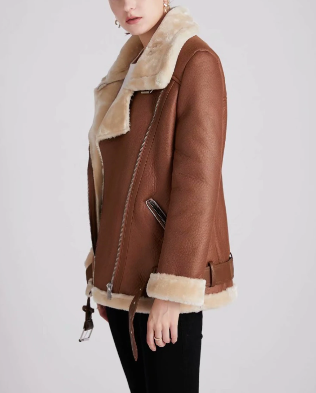 Aviator Jackets- Faux Sheep Leather Fur Winter Flight Jacket- - Pekosa Women Clothing