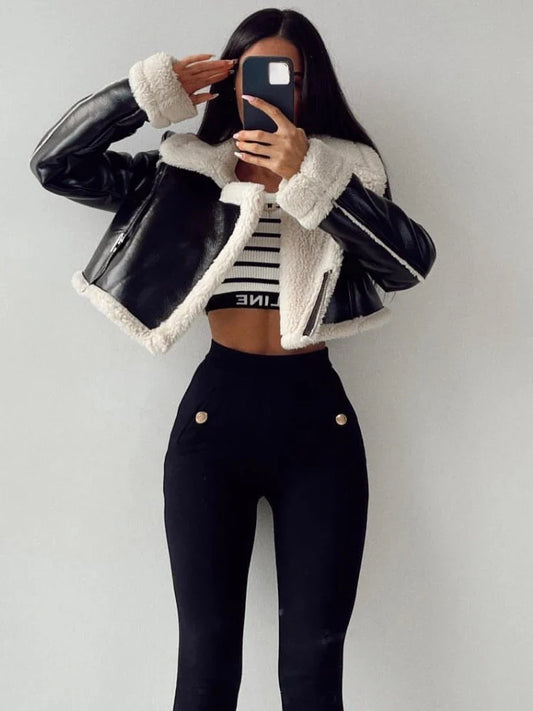 Aviator Jackets- Modern Cropped Leather Jacket with Cozy Faux Fur Lining- - Pekosa Women Fashion