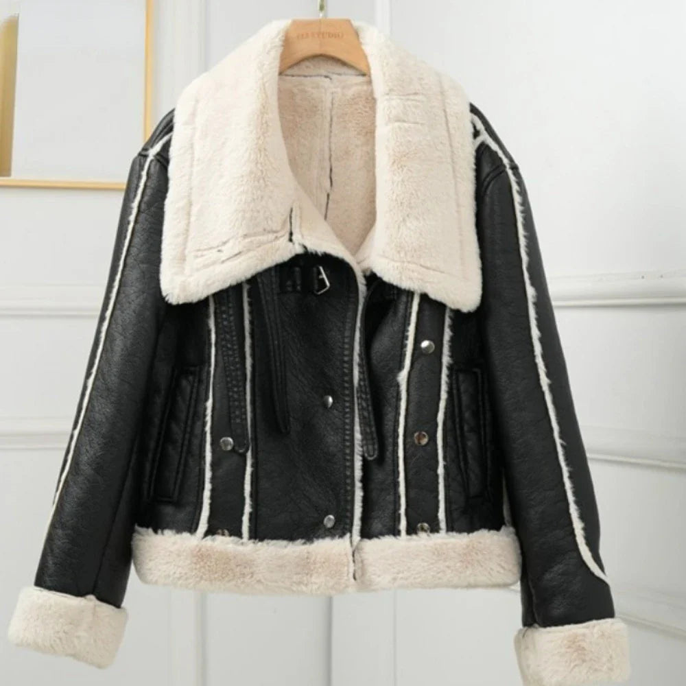 Women Faux Leather Shearling-Lined Aviator Jacket for Winter Layering