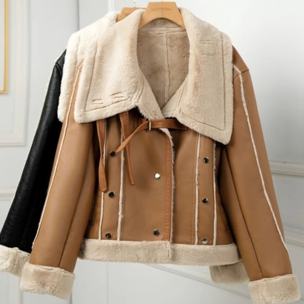 Women Faux Leather Shearling-Lined Aviator Jacket for Winter Layering