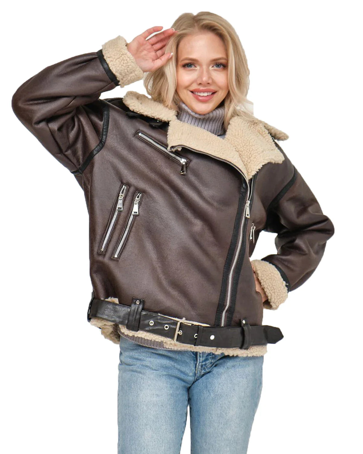 Aviator Jackets- Women Oversized Faux Leather Aviator Jacket with Sherpa Lining- - Chuzko Women Clothing