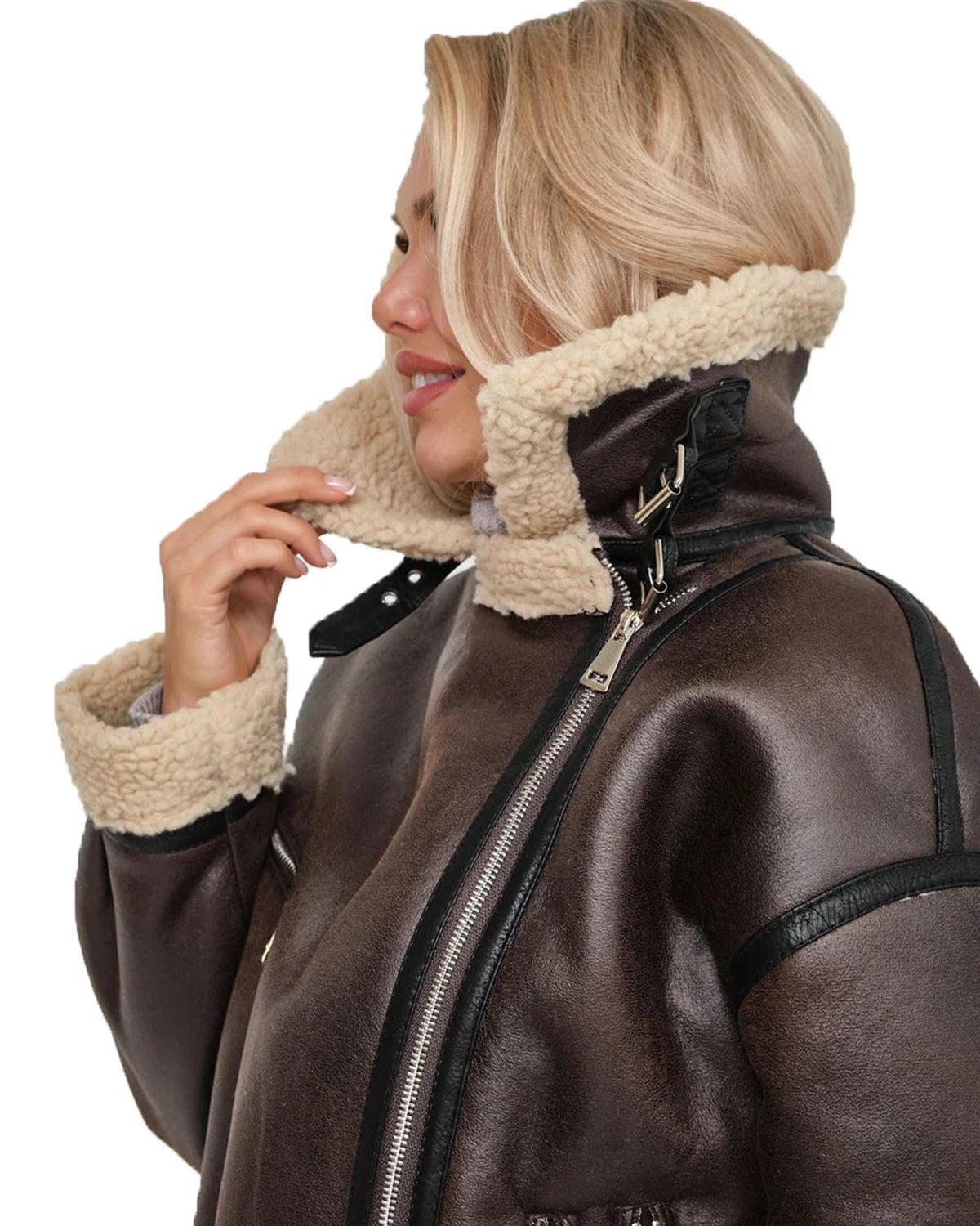 Aviator Jackets- Women Oversized Faux Leather Aviator Jacket with Sherpa Lining- - Chuzko Women Clothing