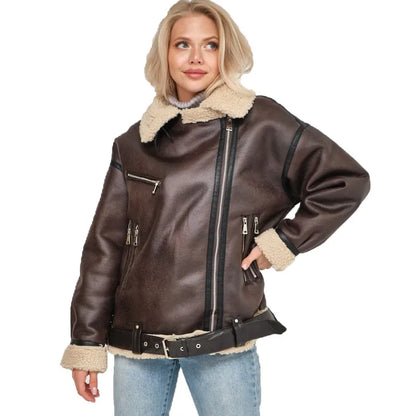 Aviator Jackets- Women Oversized Faux Leather Aviator Jacket with Sherpa Lining- Brown- Chuzko Women Clothing