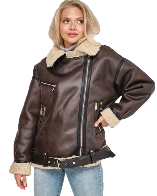 Aviator Jackets- Women Oversized Faux Leather Aviator Jacket with Sherpa Lining- - Chuzko Women Clothing