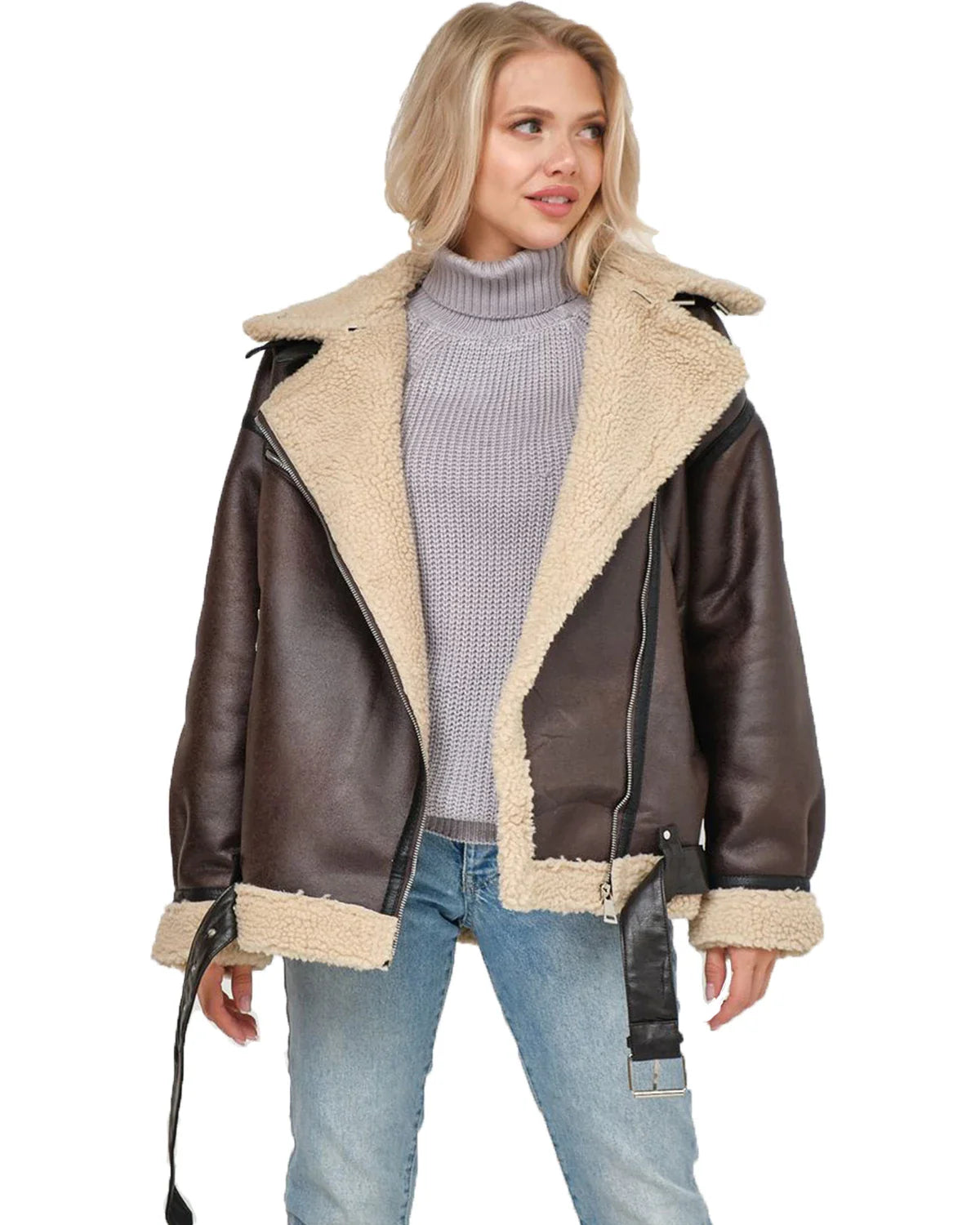 Aviator Jackets- Women Oversized Faux Leather Aviator Jacket with Sherpa Lining- - Chuzko Women Clothing