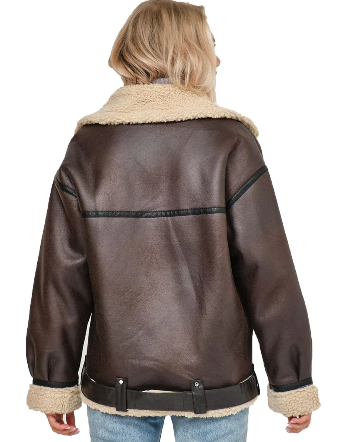 Aviator Jackets- Women Oversized Faux Leather Aviator Jacket with Sherpa Lining- - Chuzko Women Clothing