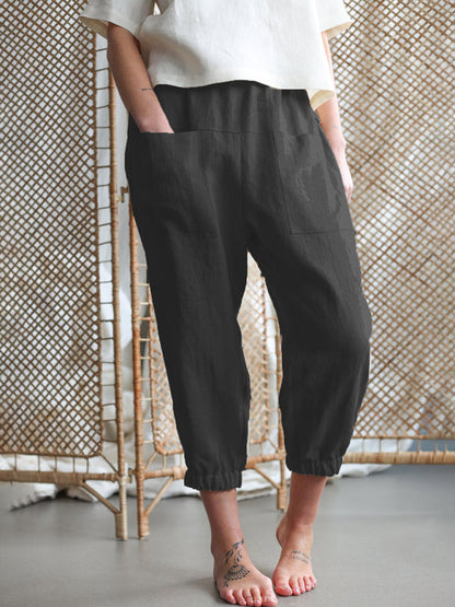 Baggy Pants- Women's Baggy Fit Linen Tapered Pants- Black- Pekosa Women Fashion