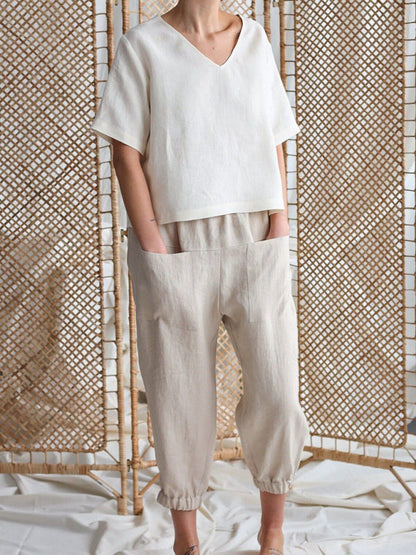 Baggy Pants- Women's Baggy Fit Linen Tapered Pants- - Pekosa Women Fashion