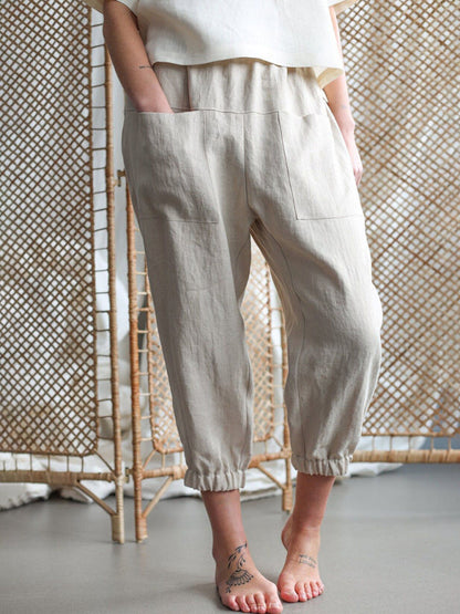 Baggy Pants- Women's Baggy Fit Linen Tapered Pants- Khaki- Pekosa Women Fashion