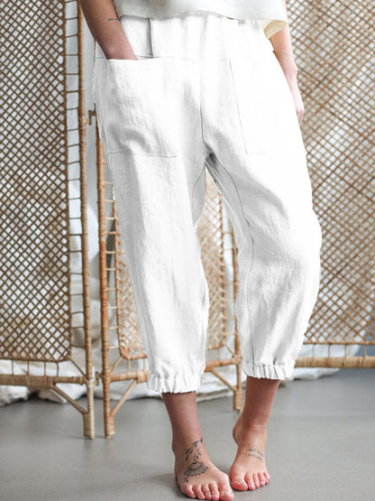 Baggy Pants- Women's Baggy Fit Linen Tapered Pants- White- Pekosa Women Fashion