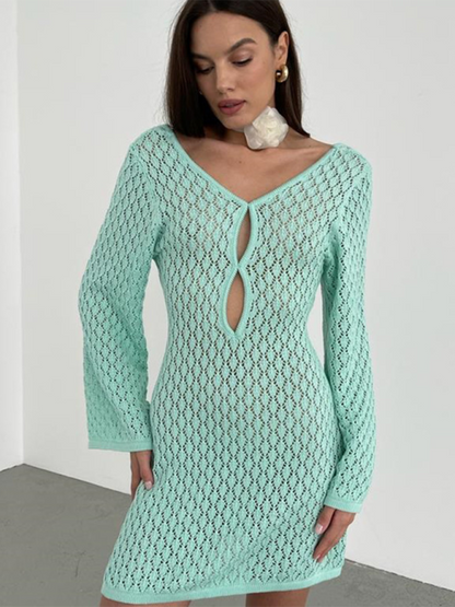 Beach Dresses- Beach Cover-Up Women's Open Knit Bell Sleeves Dress- Mint Green- Chuzko Women Clothing