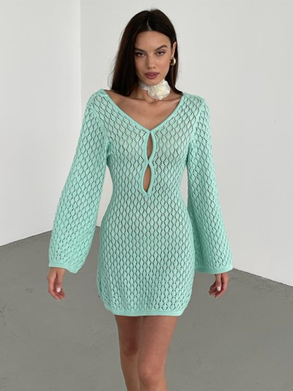 Beach Dresses- Beach Cover-Up Women's Open Knit Bell Sleeves Dress- - Chuzko Women Clothing