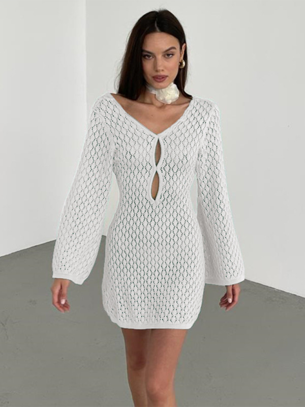 Beach Dresses- Beach Cover-Up Women's Open Knit Bell Sleeves Dress- White- Chuzko Women Clothing