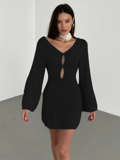 Beach Dresses- Beach Cover-Up Women's Open Knit Bell Sleeves Dress- Black- Chuzko Women Clothing