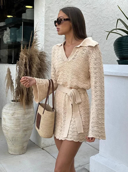 Beach Dresses - Knit Cover-Up Beach Dress with Belted Waist for Vacations