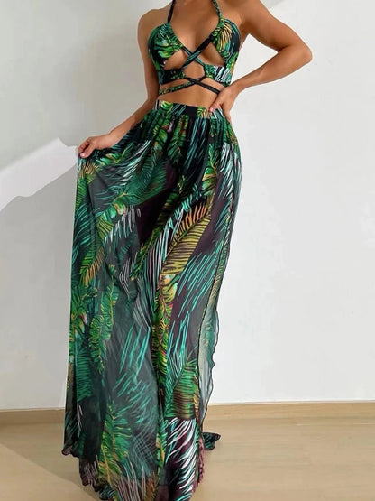 Beach Dresses - Tropical Temptation Halter Maxi 3 Pcs Set Dress